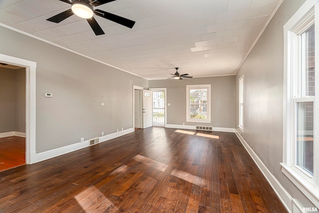 unfurnished living room featuring ceiling fan, ornamental molding, and dark hardwood / wood-style floors