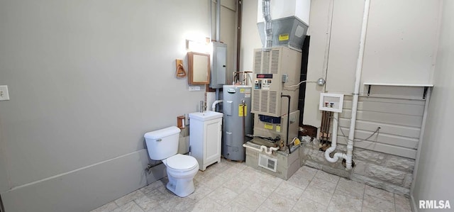 utility room with electric panel, electric water heater, and heating unit