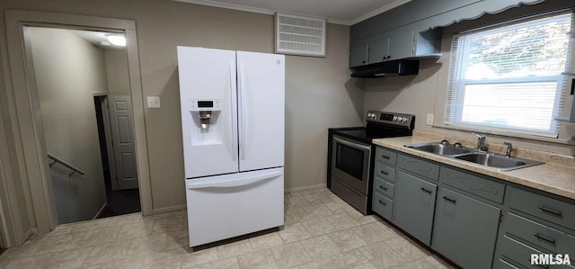 kitchen with electric stove, sink, white refrigerator with ice dispenser, and ornamental molding