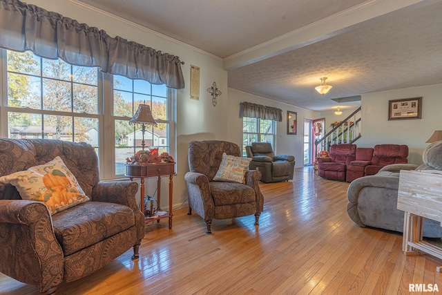 living room with ornamental molding, light hardwood / wood-style flooring, a textured ceiling, and a healthy amount of sunlight