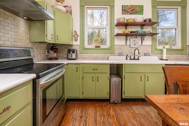 kitchen with stainless steel electric stove, tasteful backsplash, ventilation hood, and plenty of natural light