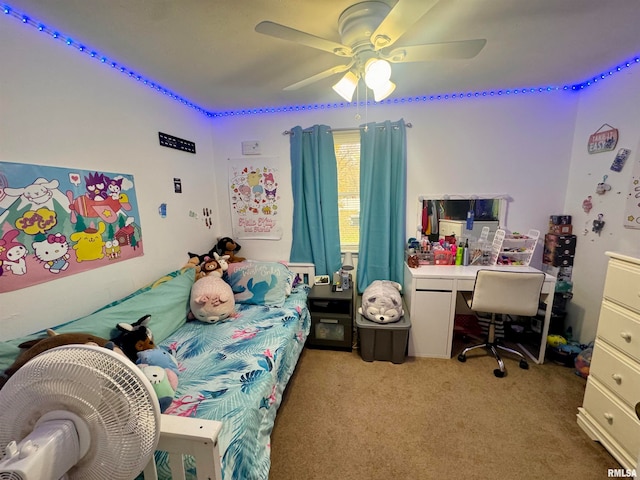 bedroom featuring light carpet and ceiling fan