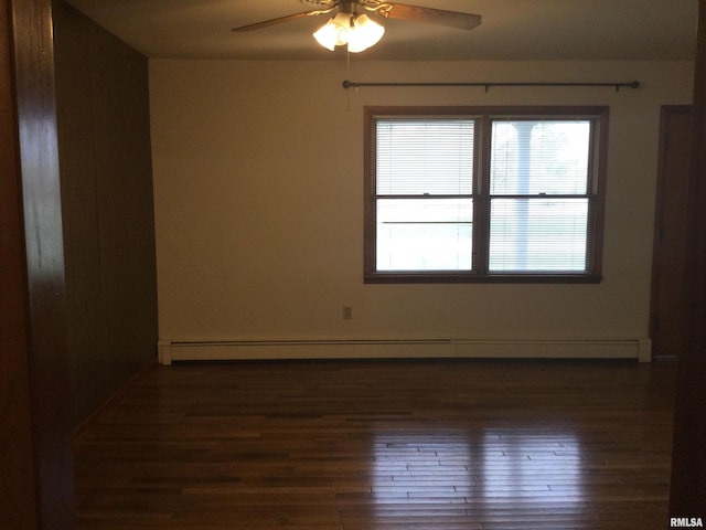 empty room with dark hardwood / wood-style floors, baseboard heating, and ceiling fan