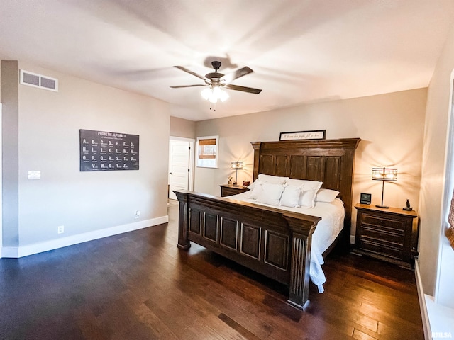 bedroom with ceiling fan and dark hardwood / wood-style flooring