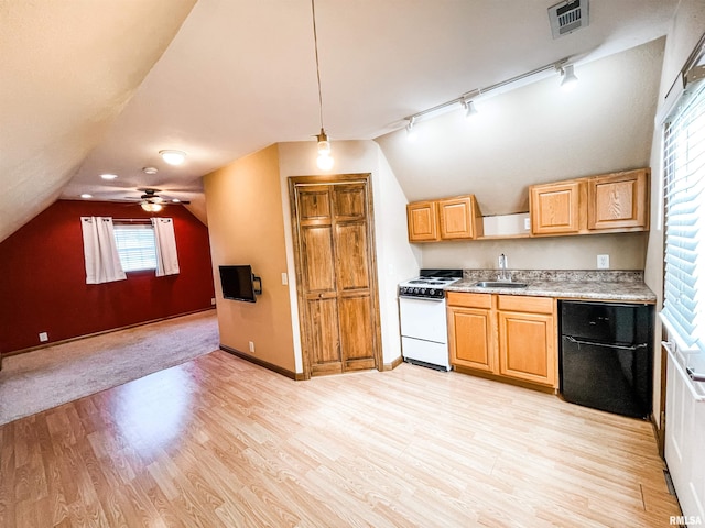 kitchen with vaulted ceiling, track lighting, ceiling fan, light wood-type flooring, and white range