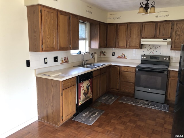 kitchen featuring sink, dishwasher, electric range, tasteful backsplash, and dark parquet floors