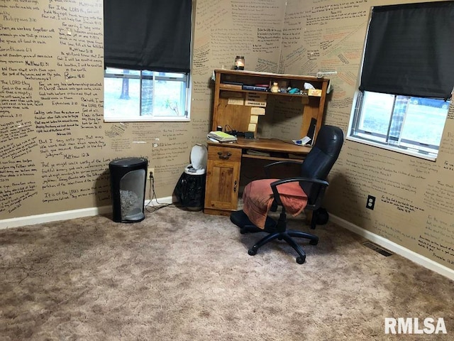 home office featuring light carpet