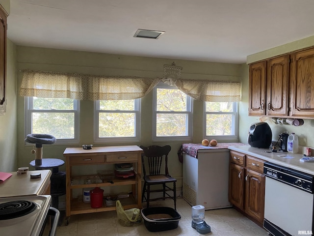 kitchen with white dishwasher, light countertops, a healthy amount of sunlight, and electric range oven