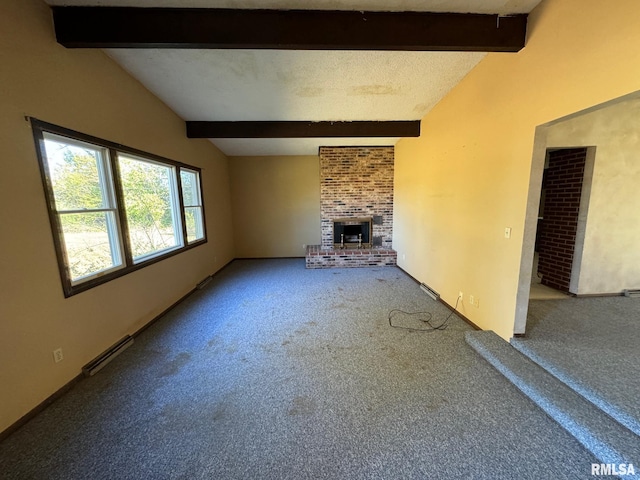 unfurnished living room with a fireplace, carpet, and vaulted ceiling with beams