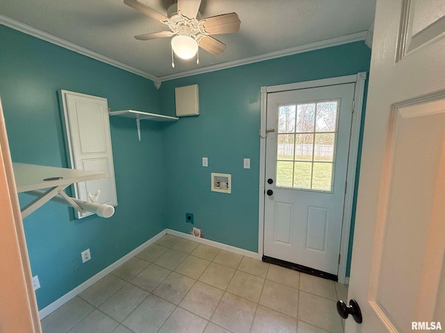 washroom with washer hookup, ceiling fan, hookup for an electric dryer, and crown molding