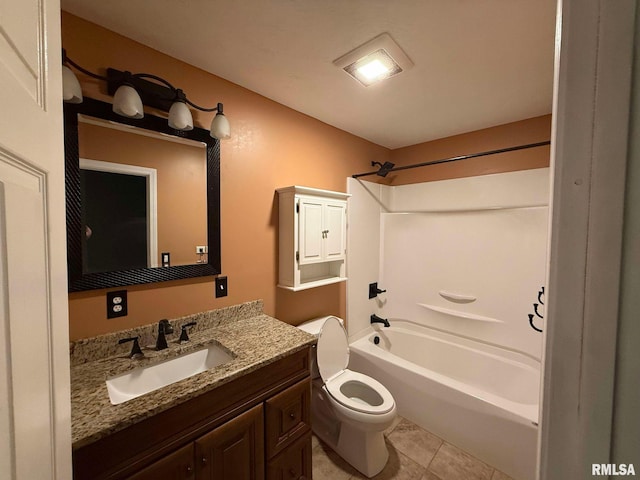 full bathroom with  shower combination, tile patterned flooring, toilet, and vanity