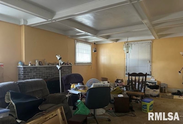 miscellaneous room with carpet, beamed ceiling, and coffered ceiling