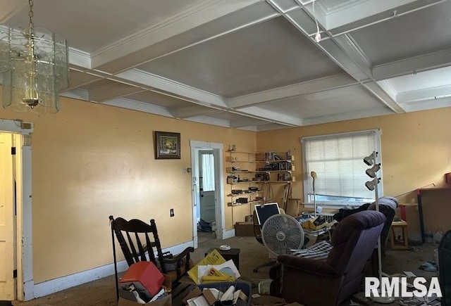 living room featuring coffered ceiling and beamed ceiling