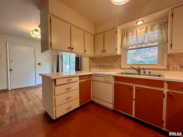 kitchen with tasteful backsplash, dark wood-type flooring, sink, dishwasher, and kitchen peninsula