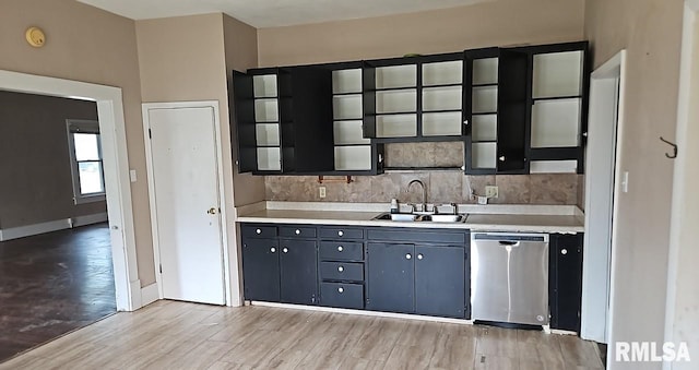 kitchen with stainless steel dishwasher, sink, light hardwood / wood-style flooring, and tasteful backsplash