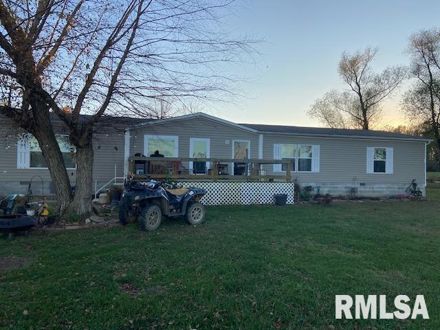 back house at dusk with a yard