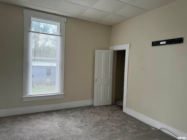 unfurnished room featuring a paneled ceiling and carpet floors