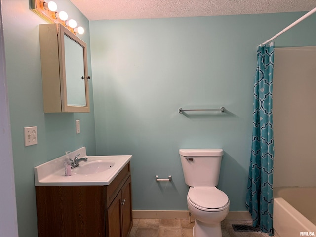 full bathroom featuring tile patterned flooring, a textured ceiling, shower / bathtub combination with curtain, vanity, and toilet