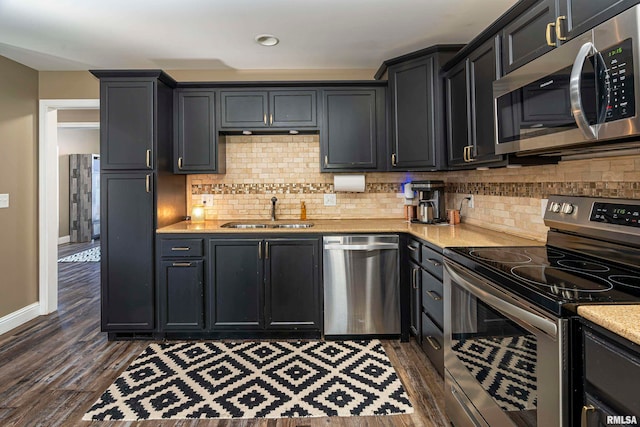 kitchen with decorative backsplash, stainless steel appliances, dark hardwood / wood-style floors, and sink