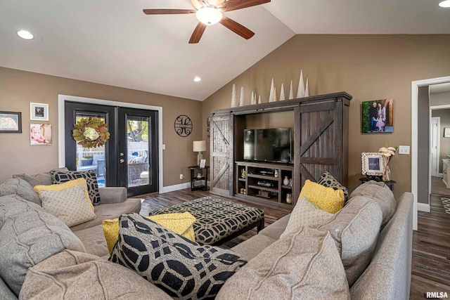 living room featuring french doors, ceiling fan, dark hardwood / wood-style flooring, and lofted ceiling