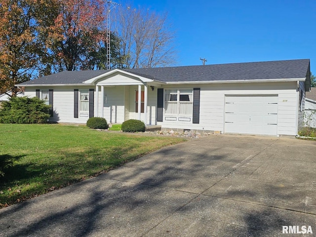 single story home with covered porch, a garage, and a front lawn