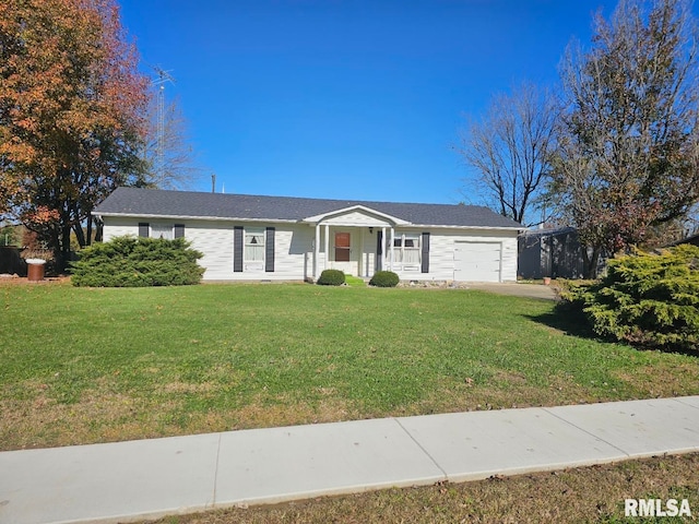 ranch-style house featuring a garage, covered porch, and a front lawn