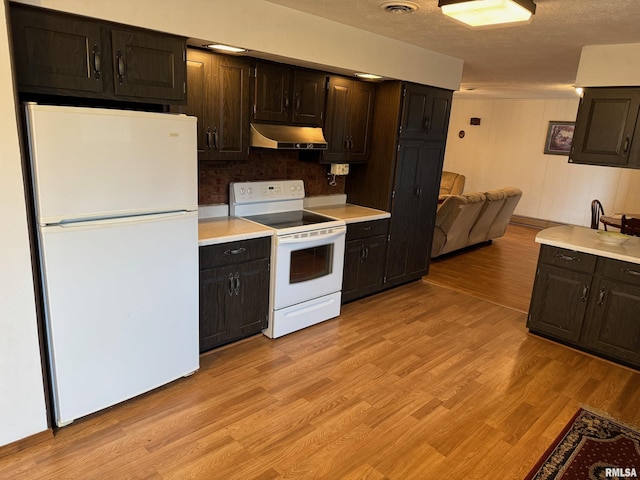 309 E Gelston St, Valier, IL 62891 - kitchen featuring white appliances, under cabinet range hood, light countertops, light wood-type flooring, and a textured ceiling