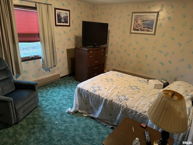 309 E Gelston St, Valier, IL 62891 - bedroom with wallpapered walls, baseboard heating, carpet flooring, and a baseboard radiator