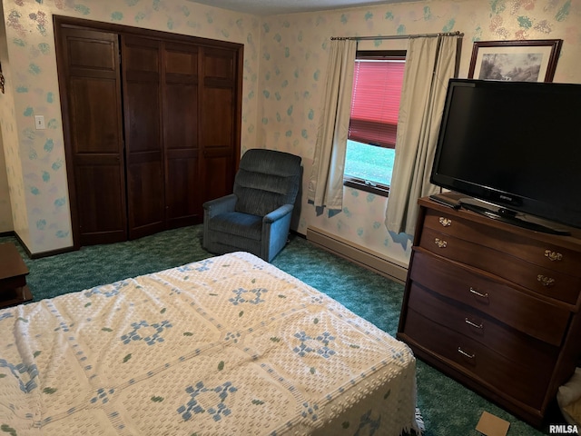 309 E Gelston St, Valier, IL 62891 - bedroom featuring wallpapered walls, baseboard heating, carpet flooring, and a closet