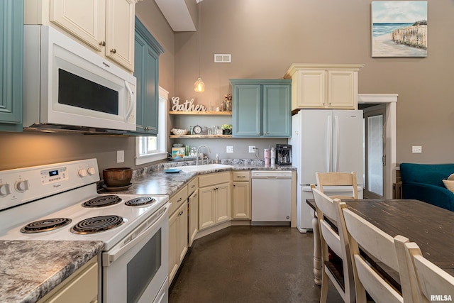 75 Bedrock Rdg, Elkville, IL 62932 - kitchen featuring finished concrete flooring, visible vents, white appliances, a sink, and open shelves