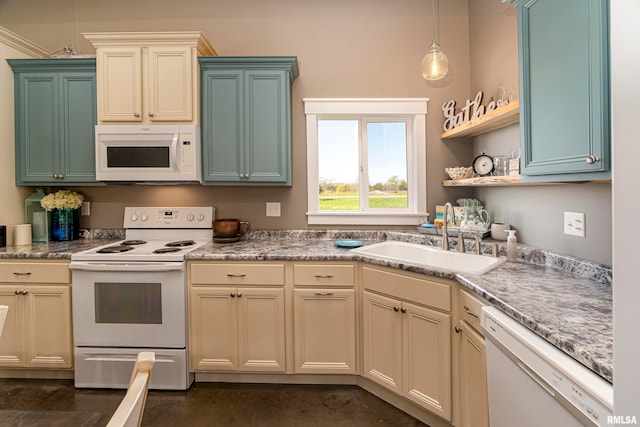 75 Bedrock Rdg, Elkville, IL 62932 - kitchen with light countertops, white appliances, a sink, open shelves, and decorative light fixtures