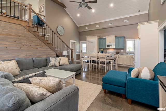 75 Bedrock Rdg, Elkville, IL 62932 - living area featuring stairway, ornamental molding, wooden ceiling, a towering ceiling, and a ceiling fan