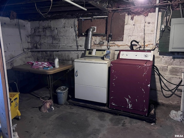 basement featuring washer and clothes dryer and electric panel