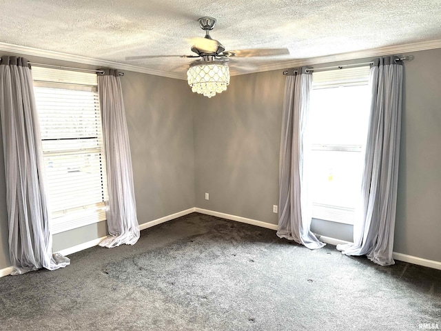 unfurnished room featuring a textured ceiling, ceiling fan, carpet floors, and crown molding