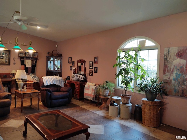 20366 Noisy Goose Ln, Olive Branch, IL 62969 - tiled living area featuring a ceiling fan and vaulted ceiling