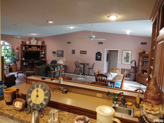 20366 Noisy Goose Ln, Olive Branch, IL 62969 - living room with ceiling fan, vaulted ceiling, and a textured ceiling