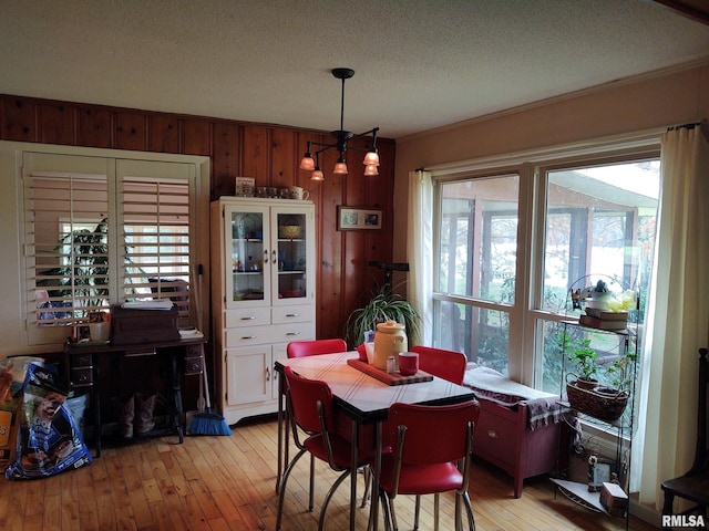 20366 Noisy Goose Ln, Olive Branch, IL 62969 - dining area with light wood-type flooring, a textured ceiling, and wooden walls