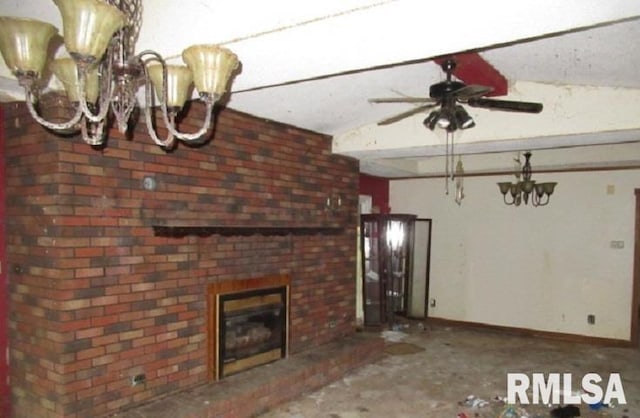 unfurnished living room featuring ceiling fan, concrete flooring, and a brick fireplace