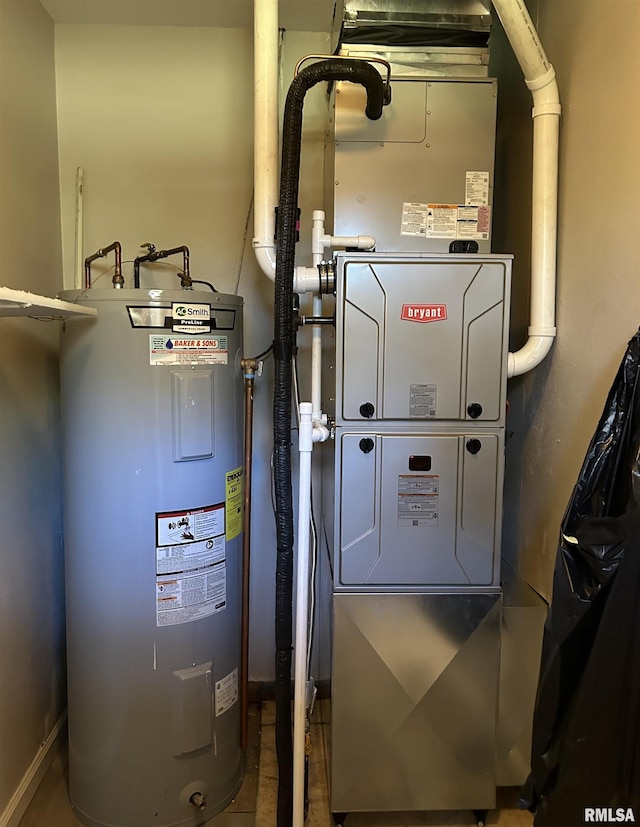 utility room with heating unit and electric water heater