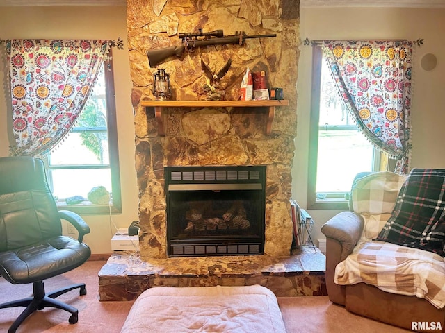 sitting room featuring a wealth of natural light, a fireplace, and carpet