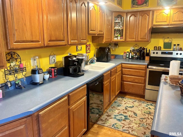 kitchen with black dishwasher, light hardwood / wood-style floors, stainless steel electric range oven, and sink