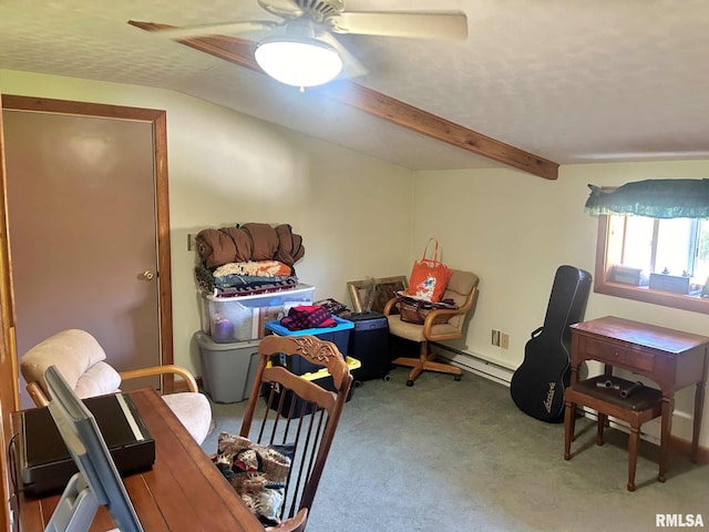 interior space featuring baseboard heating, ceiling fan, carpet floors, and vaulted ceiling