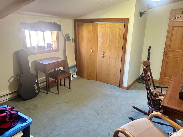 home office featuring lofted ceiling with beams and light colored carpet