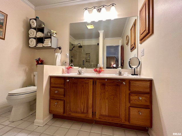 bathroom featuring vanity, tile patterned flooring, toilet, ornamental molding, and a shower with shower door