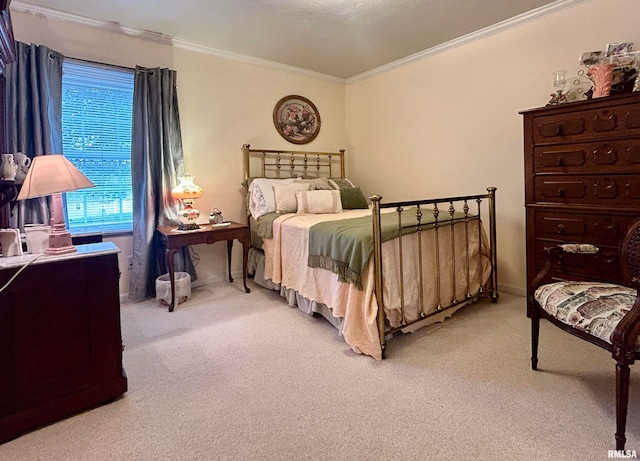 carpeted bedroom with crown molding