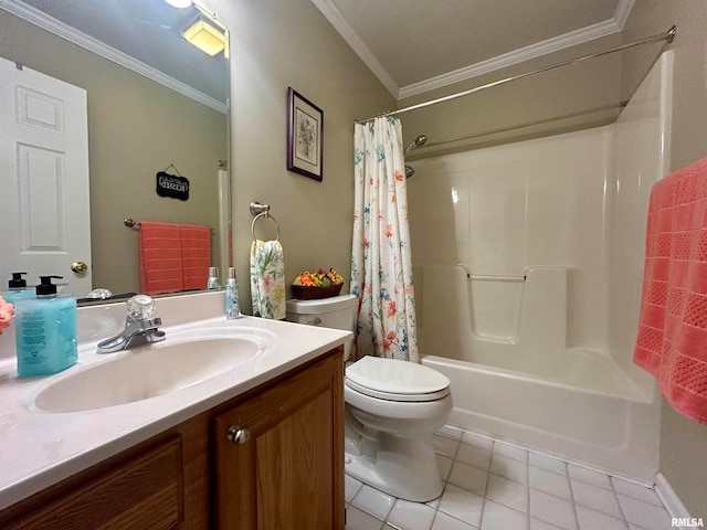 full bathroom featuring vanity, shower / bath combo with shower curtain, crown molding, tile patterned flooring, and toilet