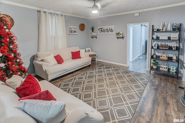 living room with ceiling fan, dark hardwood / wood-style flooring, and crown molding