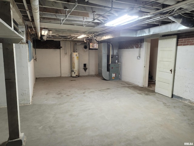 basement with gas water heater and heating unit