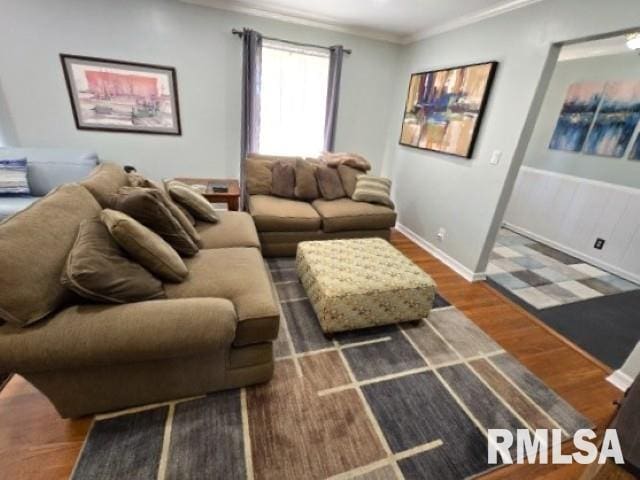 living room featuring dark hardwood / wood-style flooring and crown molding