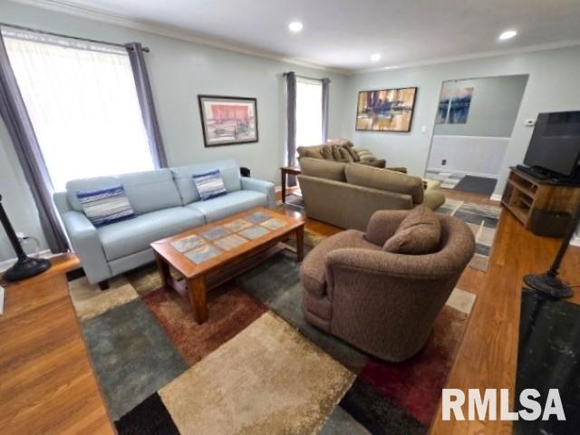 living room featuring wood-type flooring and ornamental molding